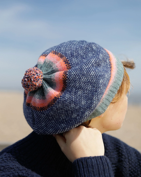 quinton chadwick tweed vintage style beret in blue & coral