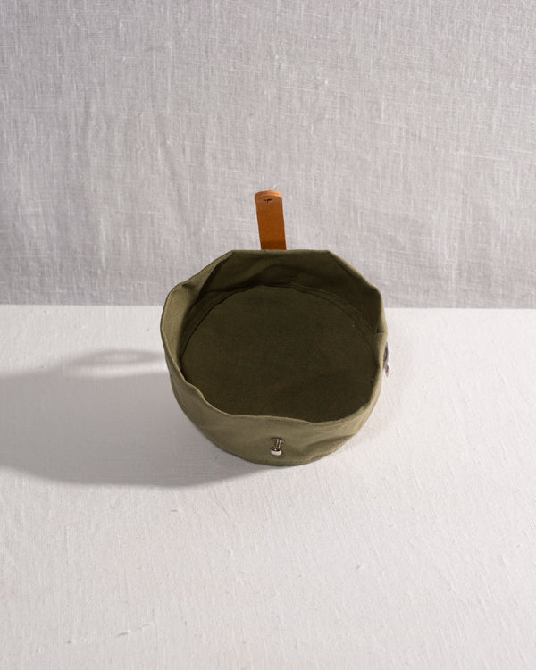 Barkened travel canvas water bowl handmade olive
